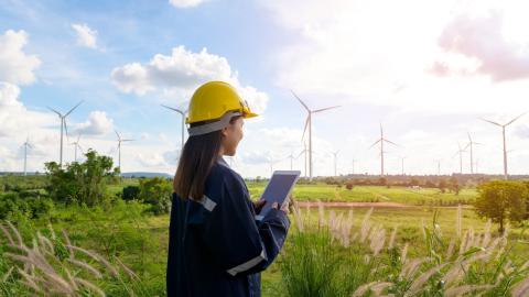 Spezialistin für erneuerbare Energien überprüft einen Windpark